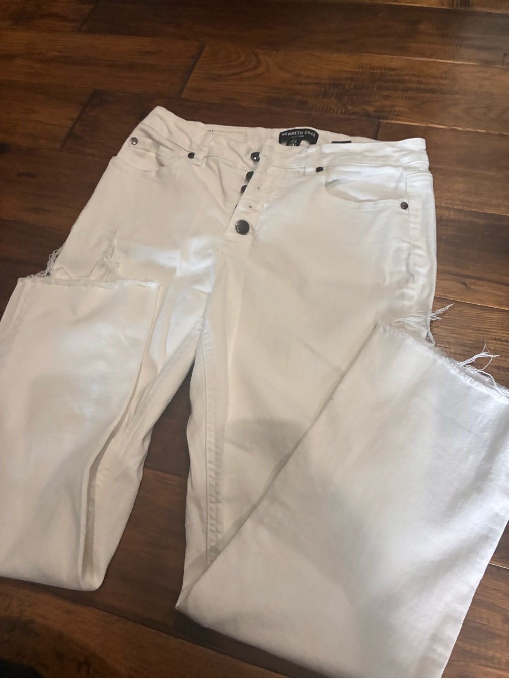Kenneth Cole White Straight-Leg Distressed Jeans